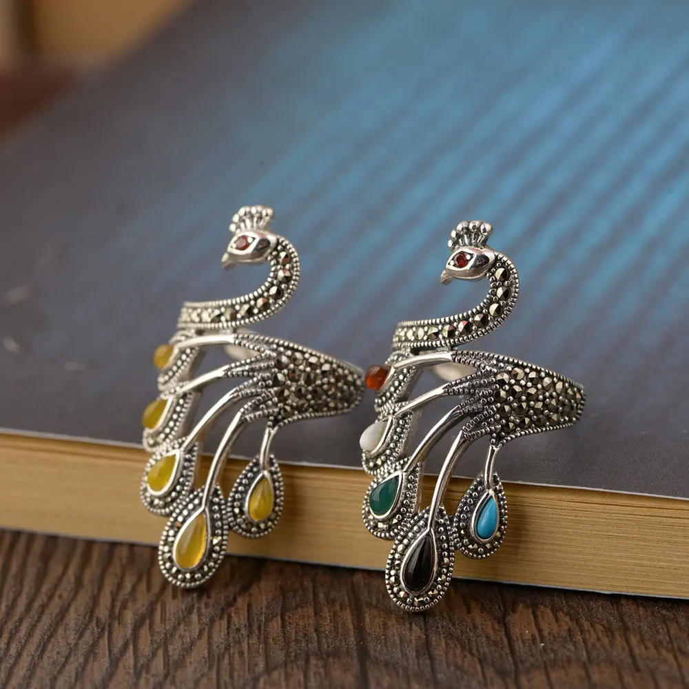 

FNJ 925 Silver Peacock Ring SMARCASITE tone Original S925 Sterling Thai Silver Rings for Women Men Jewelry Adjustable Size