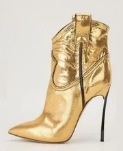 Runway Boots Women Fashion Pointed Toe Gold Silver Leather Metal Spike Heel Ankle Boots 12cm Thin Heel Short Gladiator Boots цена Runway Boots Women Fashion Pointed Toe Gold Silver Leather Metal Spike Heel Ankle Boots 12cm Thin Heel Short Gladiator Boots цены онлайн