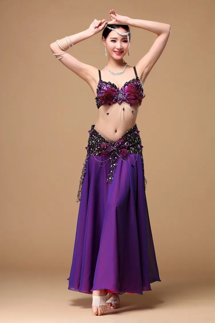 Представление Восточный танец набор костюма для танца живота 3 шт бюстгальтер с перьями пояс юбка шифон танец живота костюм