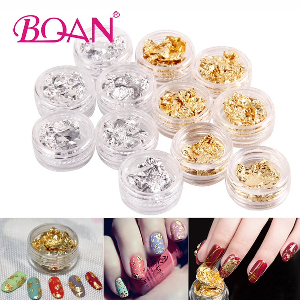 

12 Pot/Set Nail Art Gold Silver Sticker Foils Acrylic Gel Polish Tips Design Paillette Flake Chip Manicure Pedicure Decal 2017