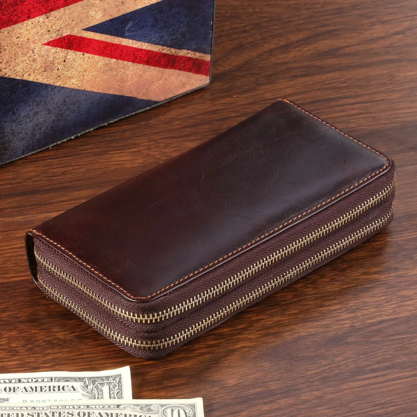 Mens' England Style Genuine Leather Wallet Male Large Zipper Clutch