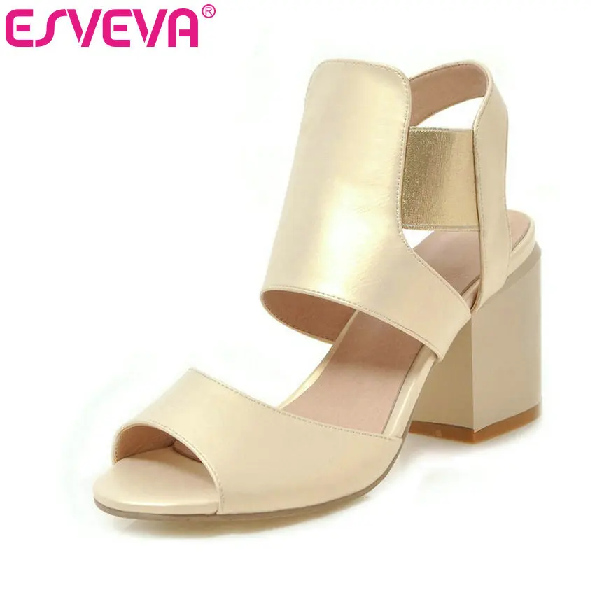 

ESVEVA 2019 Women Sandals Square High Heel PU Leather Peep Toe Slingback Solid Summer Fashion Sexy Shoes Size 34-43