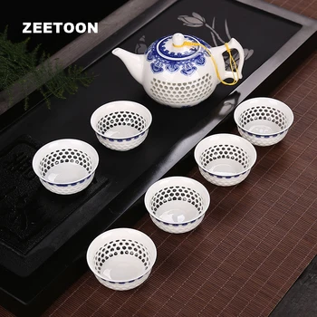 

7PCS Set Exquisite Honeycomb Design Kung Fu Tea Set Ceramics Blue and White Porcelain Coffee Pot 1*Teapot + 6*Teacups Gift Box