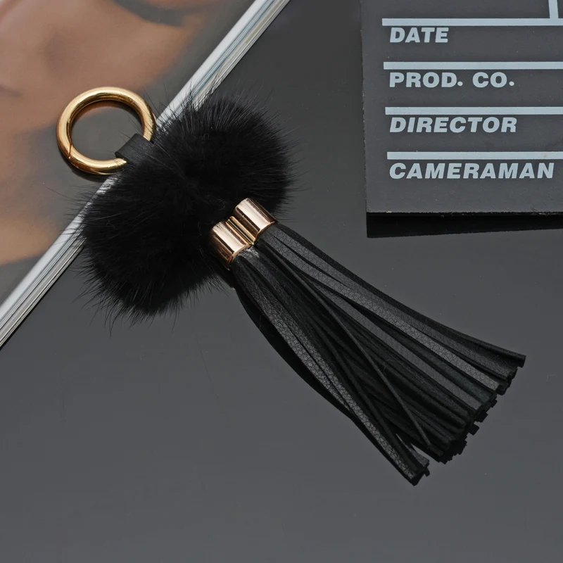 2018 New Leather Tassels With Mink Fur Ball Key Chain With Two Tassels