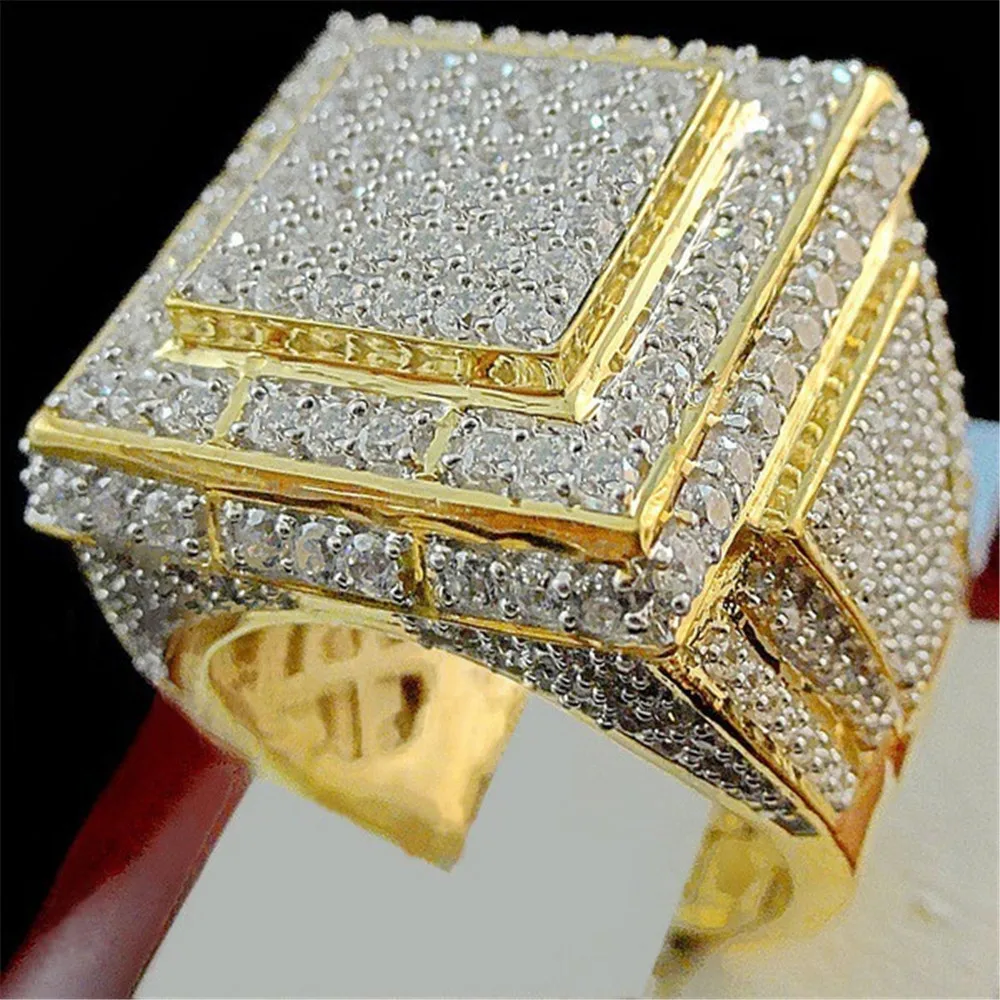 

New Plated 24k Gold Full Rhinestones Men's Finger Signet Ring Hip Hop Shining Iced Out Zircon Male Rings Anel Anillos Anelli