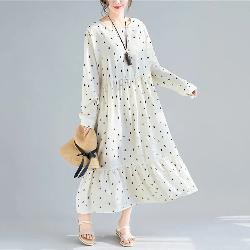 

2019 summer dress women new large size women's loose thin mid-length chiffon print long-sleeved dress dot O-neck femal dress d03