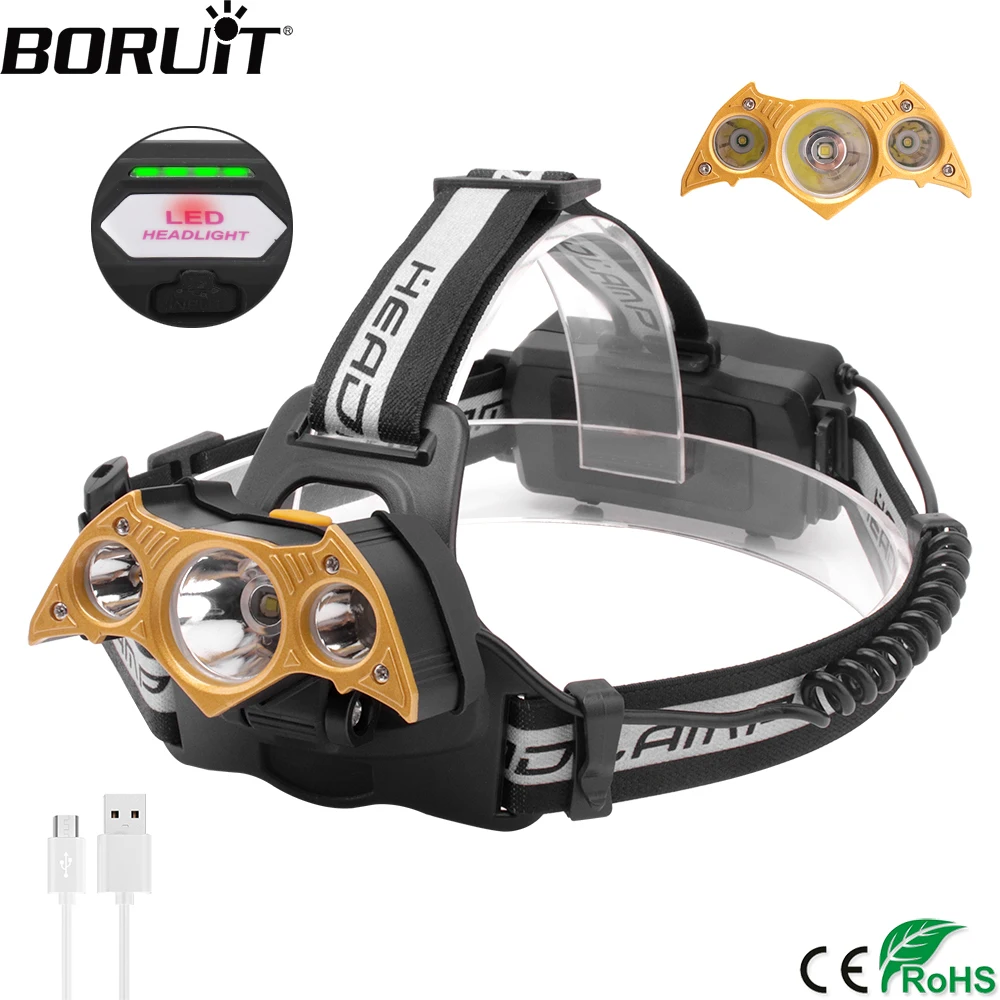 

BORUiT SQ018 LED Headlamp 3000LM T6+2*XPE Headlight 4-Mode Rechargeable 18650 Head Torch High Power Camping Fishing Flashlight