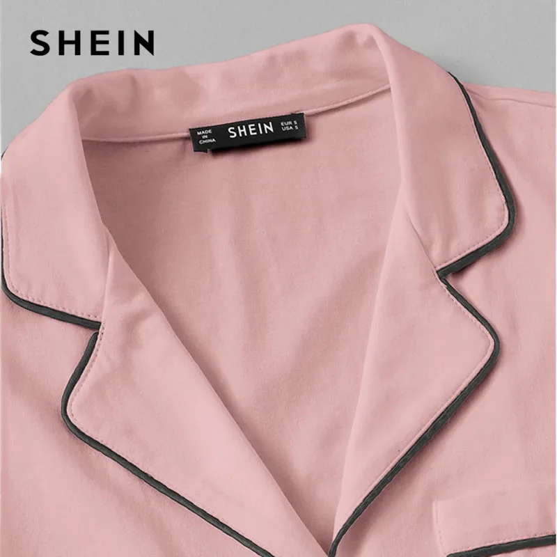SHEIN Комплект Пижамы С Контрастной Отделкой, Пижамный Набор, Рубашка И Шорты, Розовая Пижама