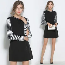 2017 women’s clothing Fashion round collar stripe horn temperament a-line dress long sleeve cultivate morality jurken