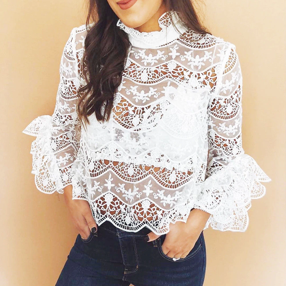 Femmes Flare Manches Dentelle Florale Crochet Top Dos Nu Voir A Travers Bandage Blouse D Ete Outfit Vetements Aliexpress