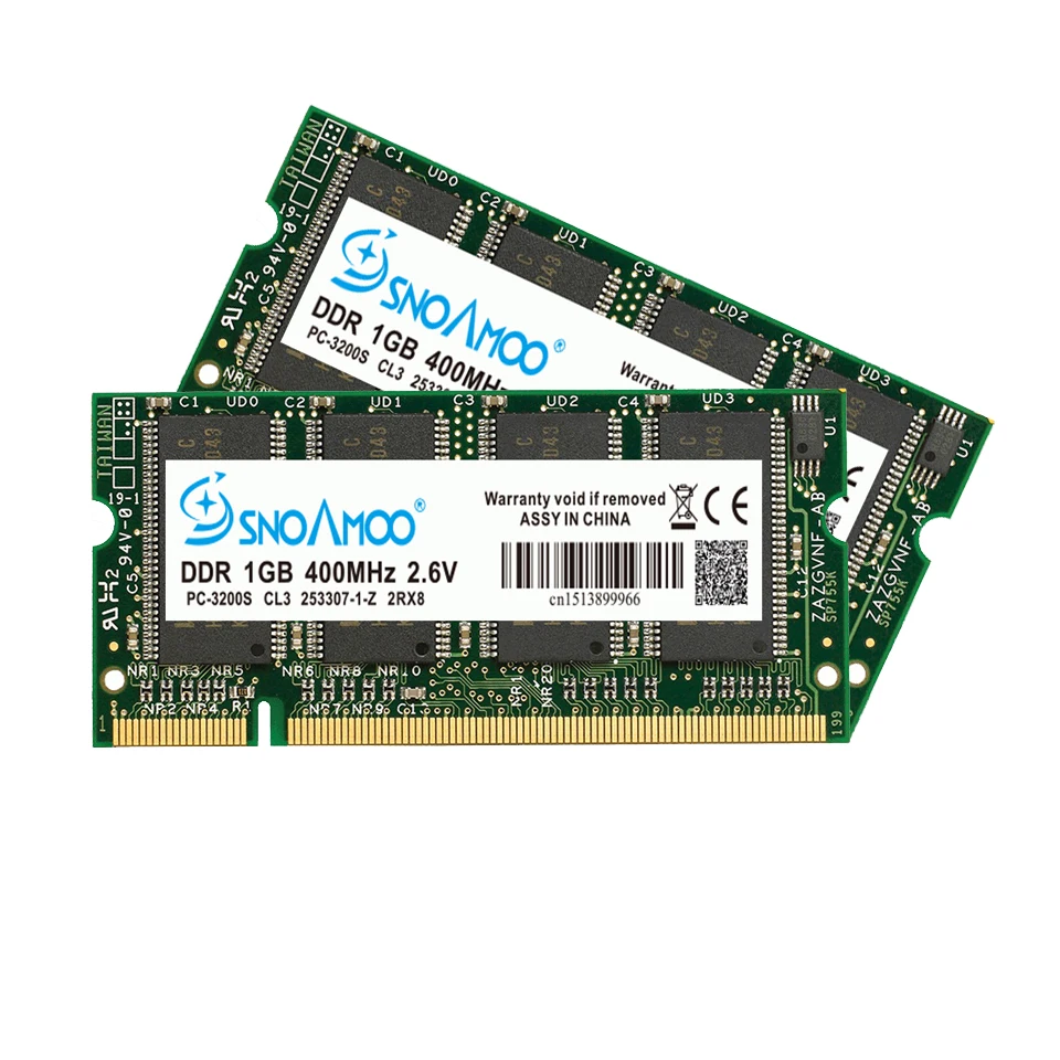 SNOAMOO Laptop Memory Ram SO-DIMM DDR1 DDR 400 333 MHz / PC-3200 PC-2700 200Pins 1024MB 1GB For Sodimm Notebook Memory Lifetime