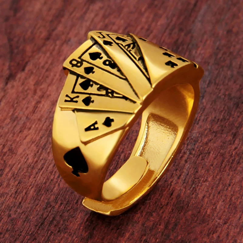 New No Fade 24k Sand Gold Rings for Men Personality Poker Designer Open Rings India Jewelry
