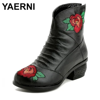 

YAERNINew winter embroidery cowhide leather shoes women fashion shoes winter ankle boots Warm comfortable women boots snow boots