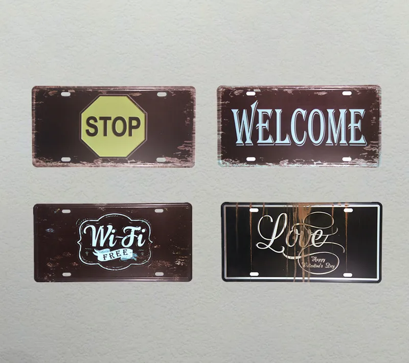 

DL- STOP WELCOME WIFI LOVE Vintage License plate crafts metal signs home decor
