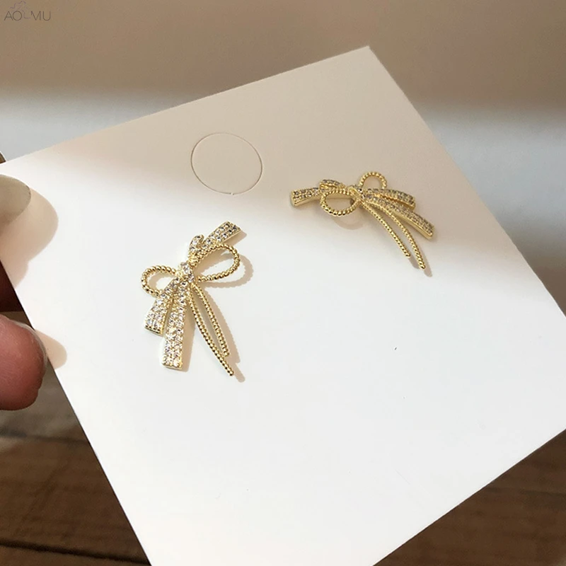 

AOMU Sweet S925 Sterling Silver Pin Crystal Zircon Golden Metal Bow-knot Stud Earrings for Women Girl Party Jewelry Brincos