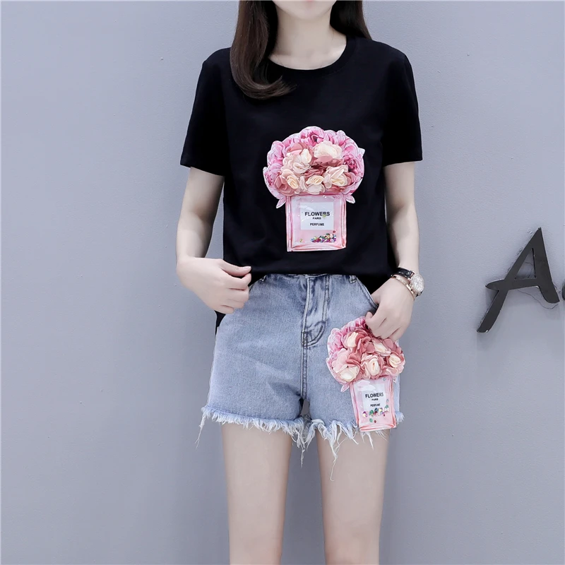 

HAMALIEL New 2019 Summer Jeans Suits Women Appliques Sequine Floral Bottle Short Sleeve T-shirts + Tassel Denim Short Pants Set