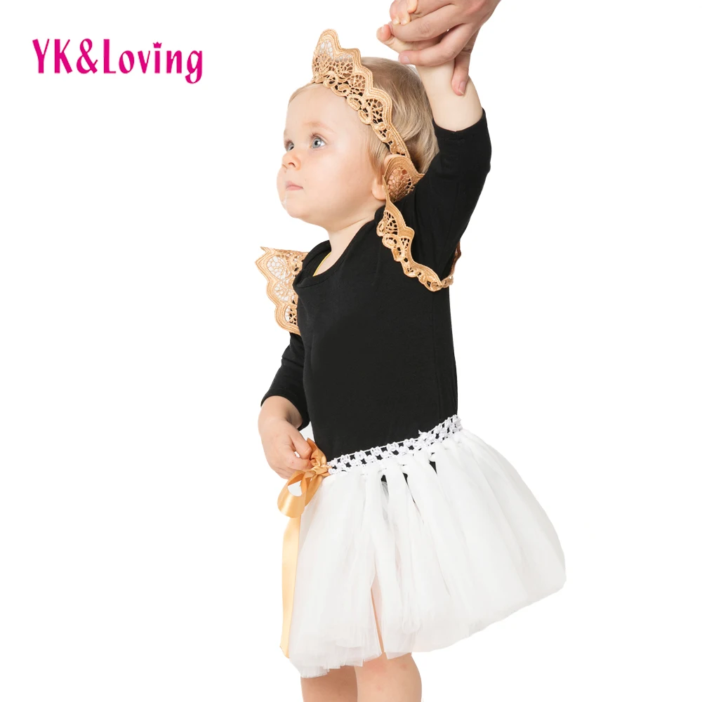 

Embroidery Black Newborn Baby Clothing Sets Manual White Lace Skirt Solid Cotton Black Jumpsuit Long Sleeve Wholesale Clothing