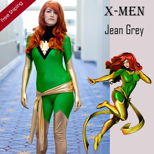 Adult X,Men Jean Grey Phoenix Costume Green And Gold Lycra Shiny Zentai Superhero Halloween