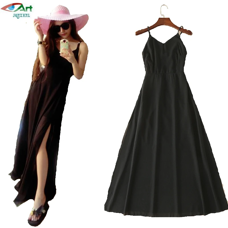 

JQNZHNL 2019 Summer Dress Women Large Size 4XL Black Dress Open Fork Strap Slim Long Dresses V Neck Chiffon Sexy Maxi Dress E32
