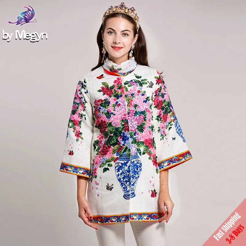 

2019 New Autumn Runway Designer Coat New Women's High Quality Vintage flower Vase printed Scarf Office Lady Outer Wear