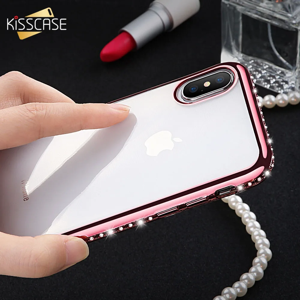 Kisscase чехол для iPhone 8 7 6 6S x Чехол Мягкий ТПУ Bling Блеск Rhinestone покрытие X случае |