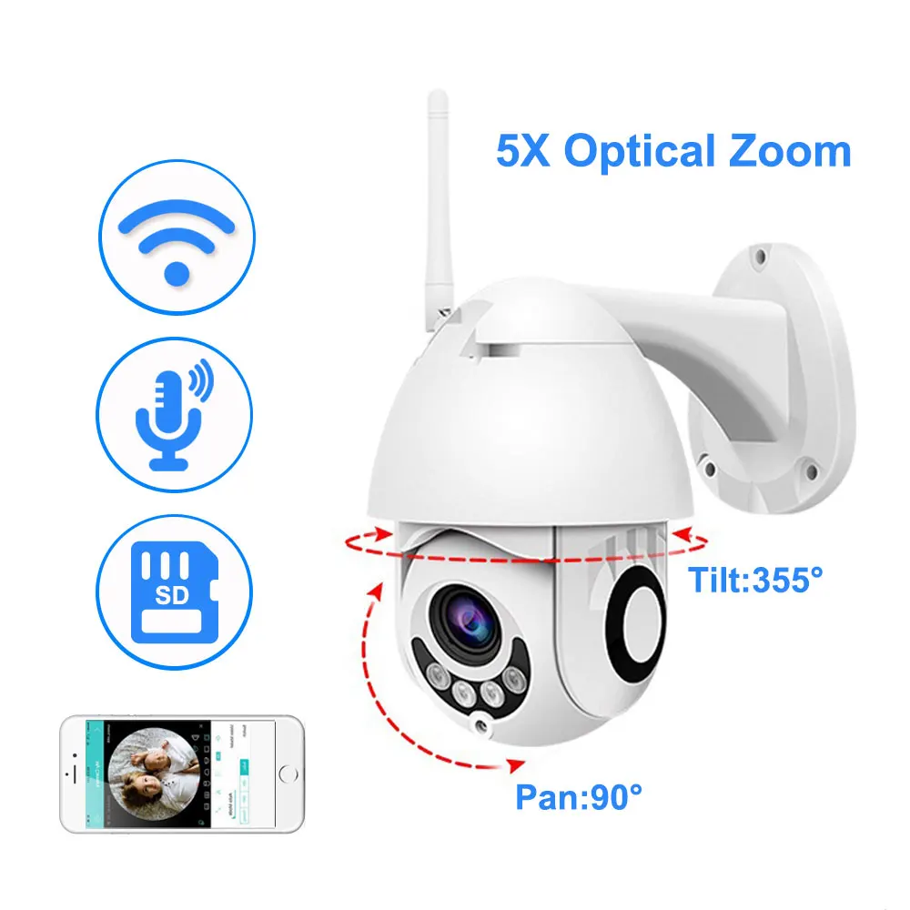 1080P Wifi IP Camera Outdoor Two Way Audio PTZ 5X Optical Zoom Night Vision IR 60M Wireless Security Speed Dome P2P | Безопасность и