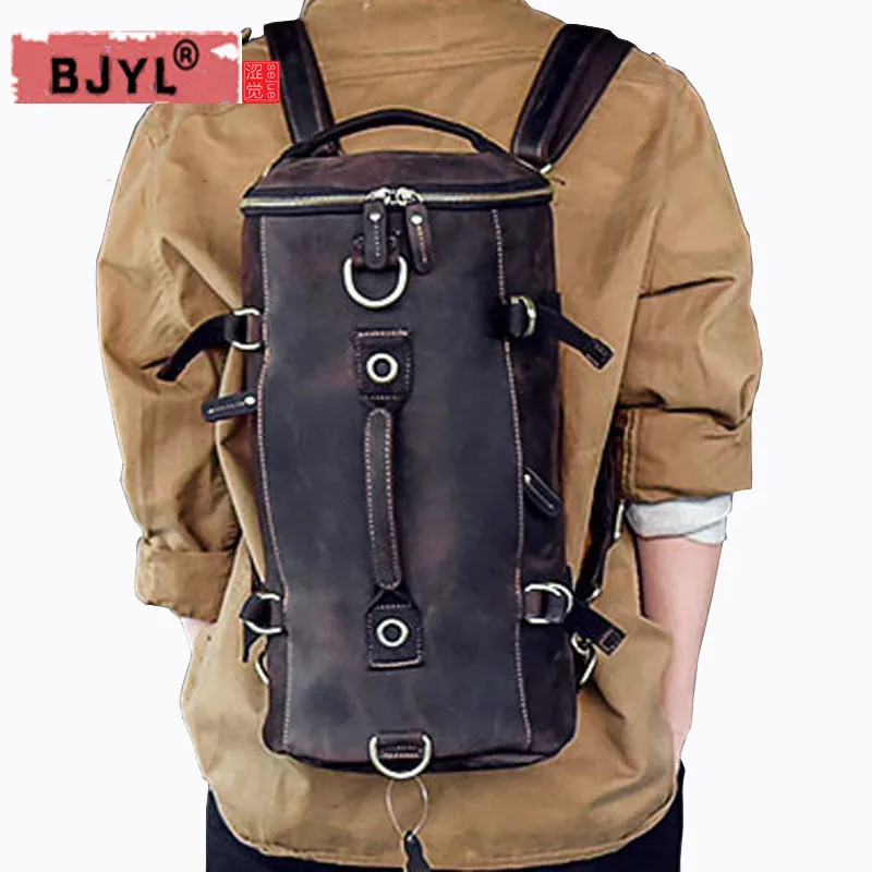 

BJYL Men backpacks Genuine leather Multi-functional models of men's shoulder bag hand-Crazy small travel backpack bucket bag