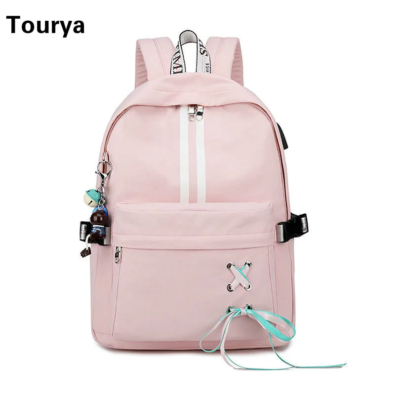 Cena Tourya Fashion z zabezpieczeniem przeciw kradzieży odblaskowy wodoodporny plecak dla kobiet USB Charge torby szkolne dla dziewczynek plecak na laptopa Bookbags