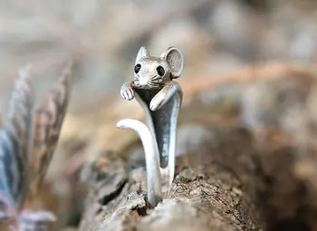 

Mouse Ring Women's Girl's Retro Burnished Rat Animal Ring Jewelry Adjustable Free Size Ring Black Crystal gift idea--12pcs/lot