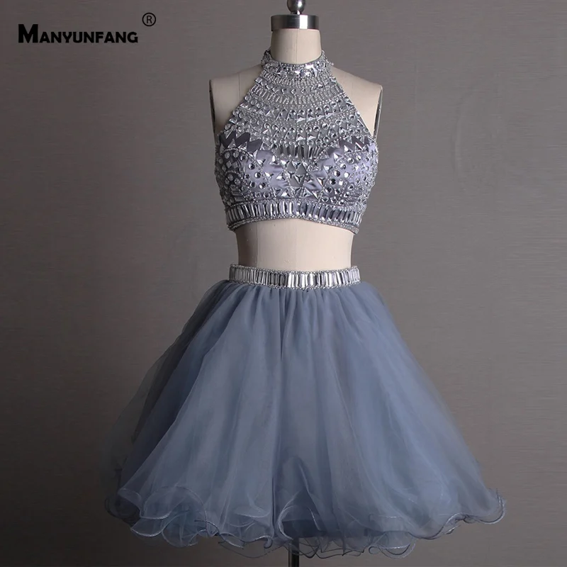 

MANYUNFANG Halter Neck Grey Sexy Prom Dresses Short Two Pieces in One Beach Vestidos De Fiesta Largos Knee Length Gala Dress