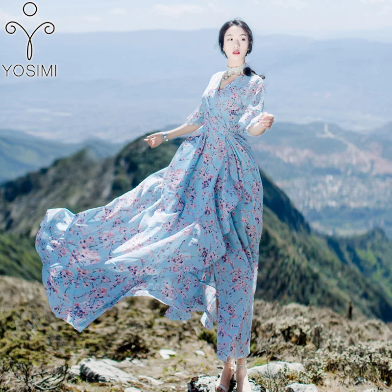 YOSIMI 2018 летнее платье с цветочным принтом длинное женское макси шифоновый пояс