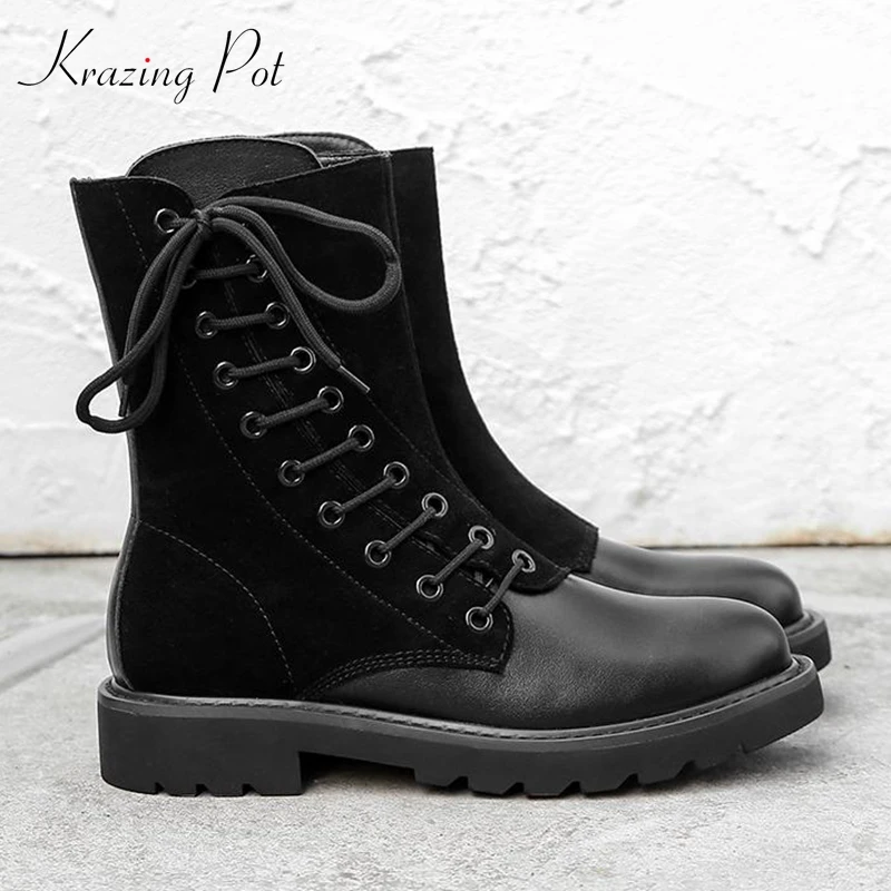 

krazing pot full grain leather round toe solid motorcycle boots fashion luxury European thick low heels black mid-calf boots L25