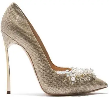 Qianruiti плюс Размеры Роскошные пикантные со стразами на высоком каблуке-шпильке жемчуг бисера блестящие туфли-лодочки бело-золотые блестящие свадебные туфли невесты - Цвет: 12cm heel