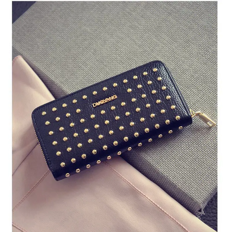 CAJIFUCO золотые круглая заклепка Длинный кошелек на молнии Для женщин lichee style из искусственной кожи бумажник класса люкс с заклепками бумажник чехол для телефона с отделением для монет - Цвет: Black