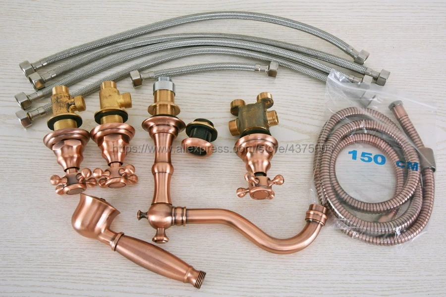 Antique Red Copper Deck Mounted 3 Handles Bathroom Tub Faucet 5 Holes Hand Shower Sink Mixer Tap Ntf222