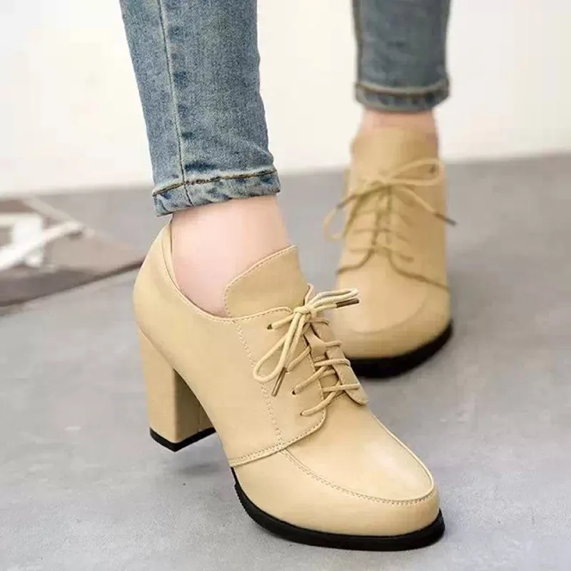 

New Nice spring women's shoes lace up thick heels black pumps low top casual woman shoes office nude pumps ladies shos  WSH261