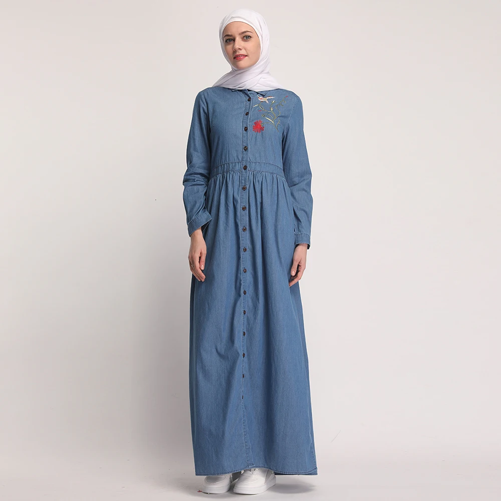 Мусульманская вышивка Абаи джинсы кардиган Макси платье кимоно длинное платье Robes Vestidos Ближний Восток Рамадан турецкий Исламская, молитвенная