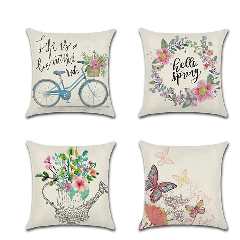 

45*45cm Cotton Linen Cushion Cover Spring Flowers Bicycle Balloons Pillow Case Home Chair Decoration Pillowcase Drop shopping