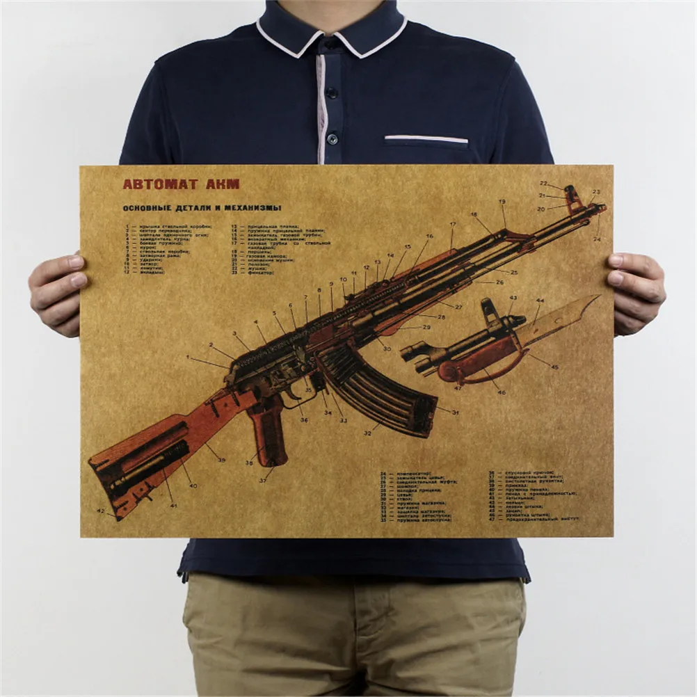 

51.5*36cm Vintage Poster AK-47 Kraft Paper Paint Retro Wall Sticker Living Room Art Crafts Maps Bar Home Decor