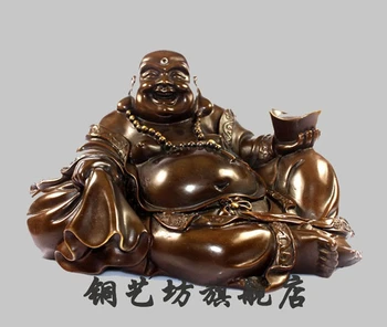 

12" China Bronze Buddhism Happy Maitreya Buddha Sit Hand Hold Ingot Statue