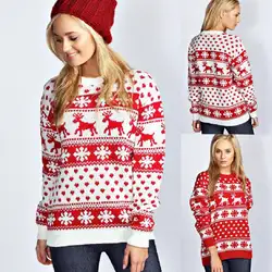 Новинка зимы пуловер Рождество Лось узор Свитер с длинными рукавами для Для женщин один размер белый красный леди свитер