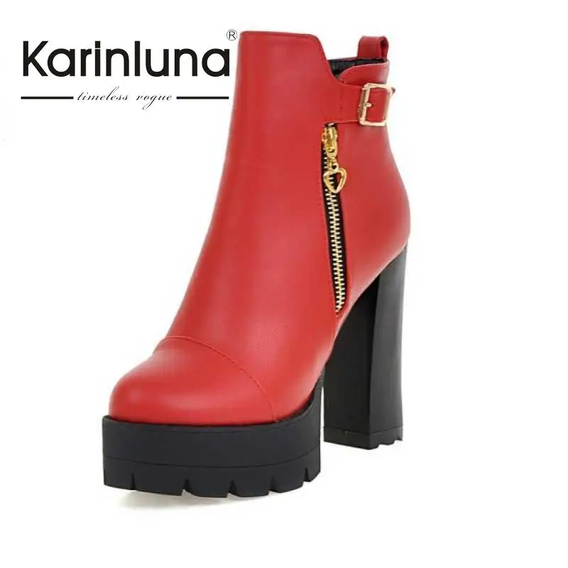 

KarinLuna Winter Fur Addable Big Size 34-43 Women Ankle Boots Side Zipper Buckle Charm Shoes Women Square High Heels Boots