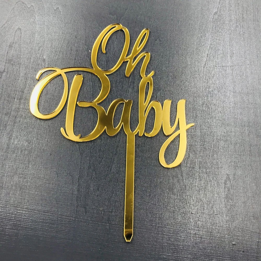 Oh Baby Cake Topper for Baby Shower Cake Decoration Mirror wooden GlodSilver Color Acrylic Cake Topper Commemorative  topper Supplies{QQPM