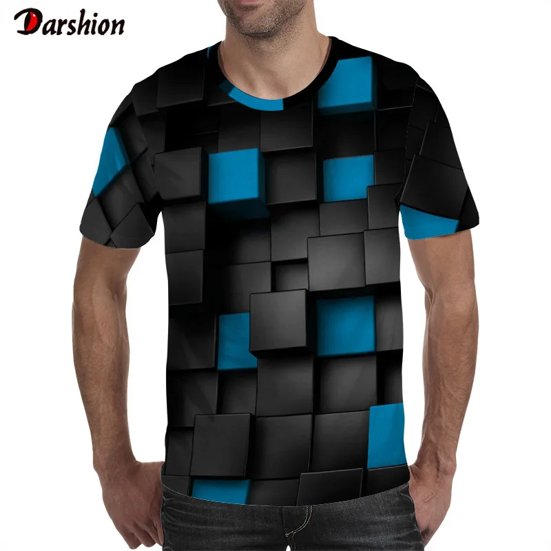 

Colorful 2019 Printing Men's T-shirt Funny T-shirt Illusion Black and Blue Graphics Short Sleeve O-neck Pullover 3D T-shirt