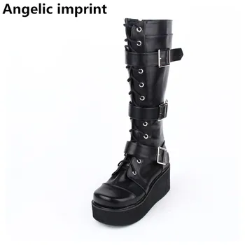

Angelic imprint mori girl Women motorcycle punk shoes lady lolita Boots woman high heels wedges pumps buckles 33-47 lace up zip