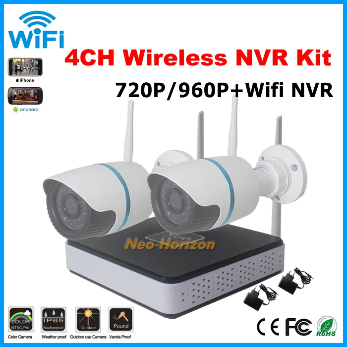  Free shipping! Wireless IP Camera system 2pcs ir night waterproof 720P/960P onvif motion detect WIFI Camera 4ch wifi NVR kit 