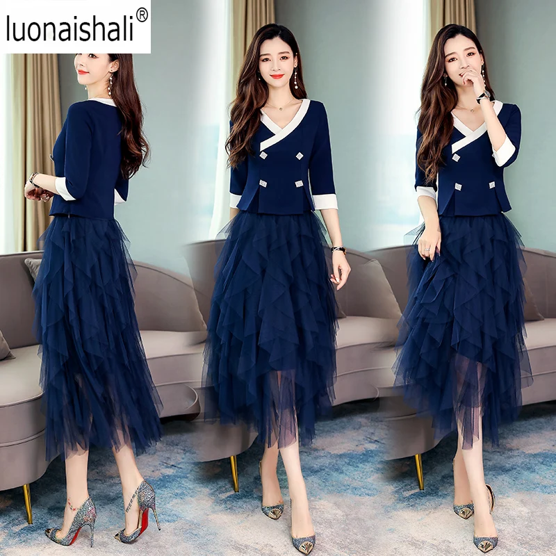 

2019 Autumn mesh skirt Suit Elegant Ladies 2 Pieces Set Double Breasted Blazer Blouse and Ruffles Elastic Waist skirt Suit Chic