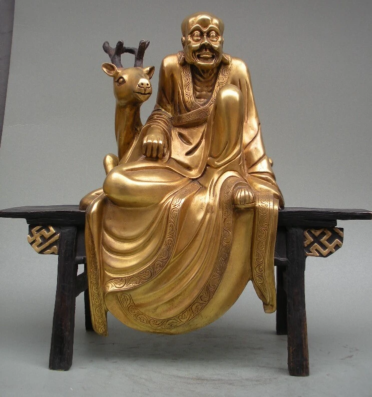 

16"Tibet Fane Pure 100% bronze 24K Gold Arhat Ride deer Stool Buddha statue