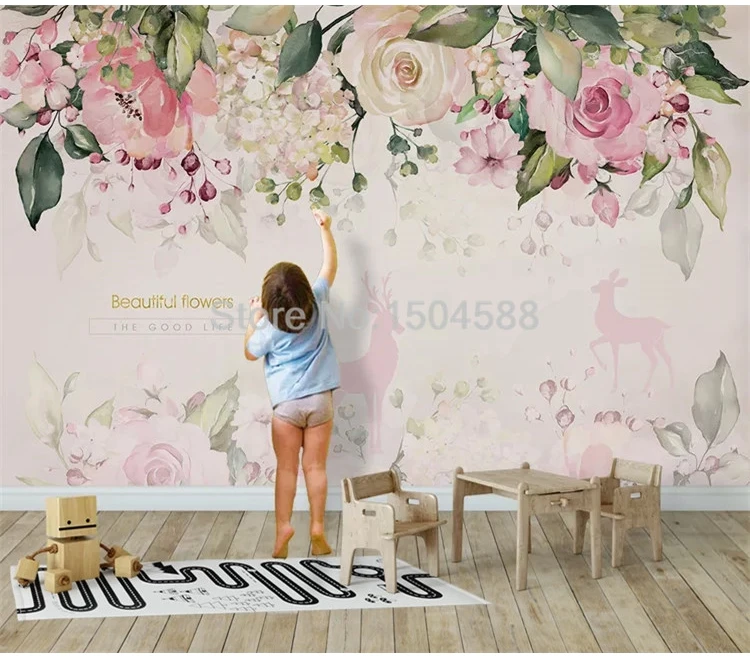 Фото обои 3D стерео розовые цветы фрески мультфильм дети девушки спальня фон обои гостиная современный простой Декор