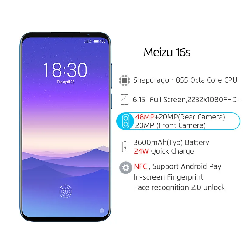 В наличии глобальная версия Meizu 16 s 6 ГБ 128 Смартфон Snapdragon 855 15 &quot48 МП Двойная камера